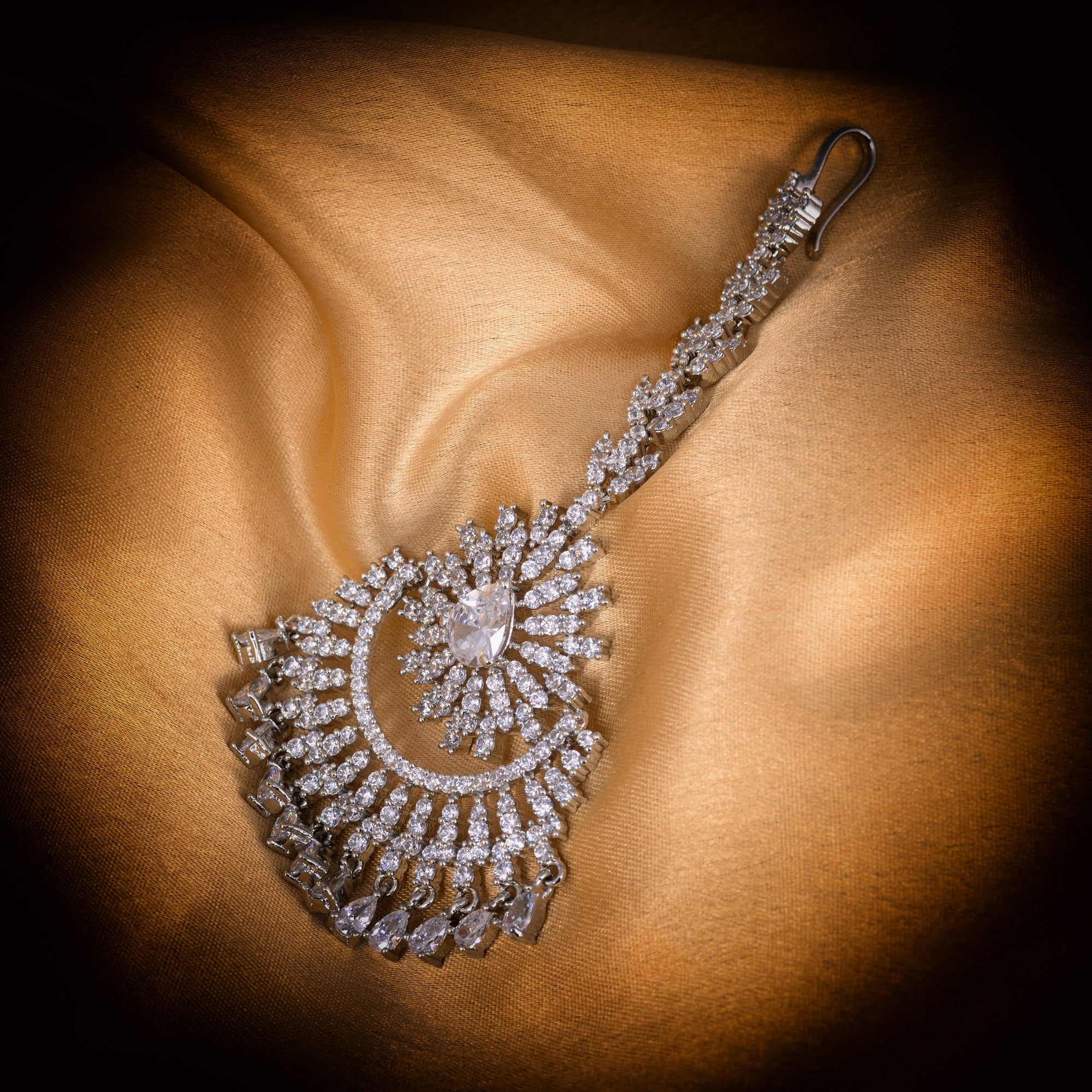 Chandbali style Diamond Maang Tikka Silver plated & AD studded for Women & Girls - Saraf RS Jewellery