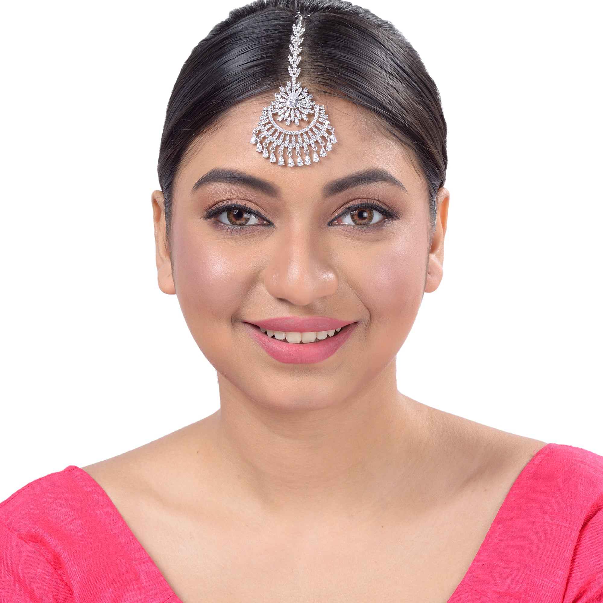 Chandbali style Diamond Maang Tikka Silver plated & AD studded for Women & Girls - Saraf RS Jewellery