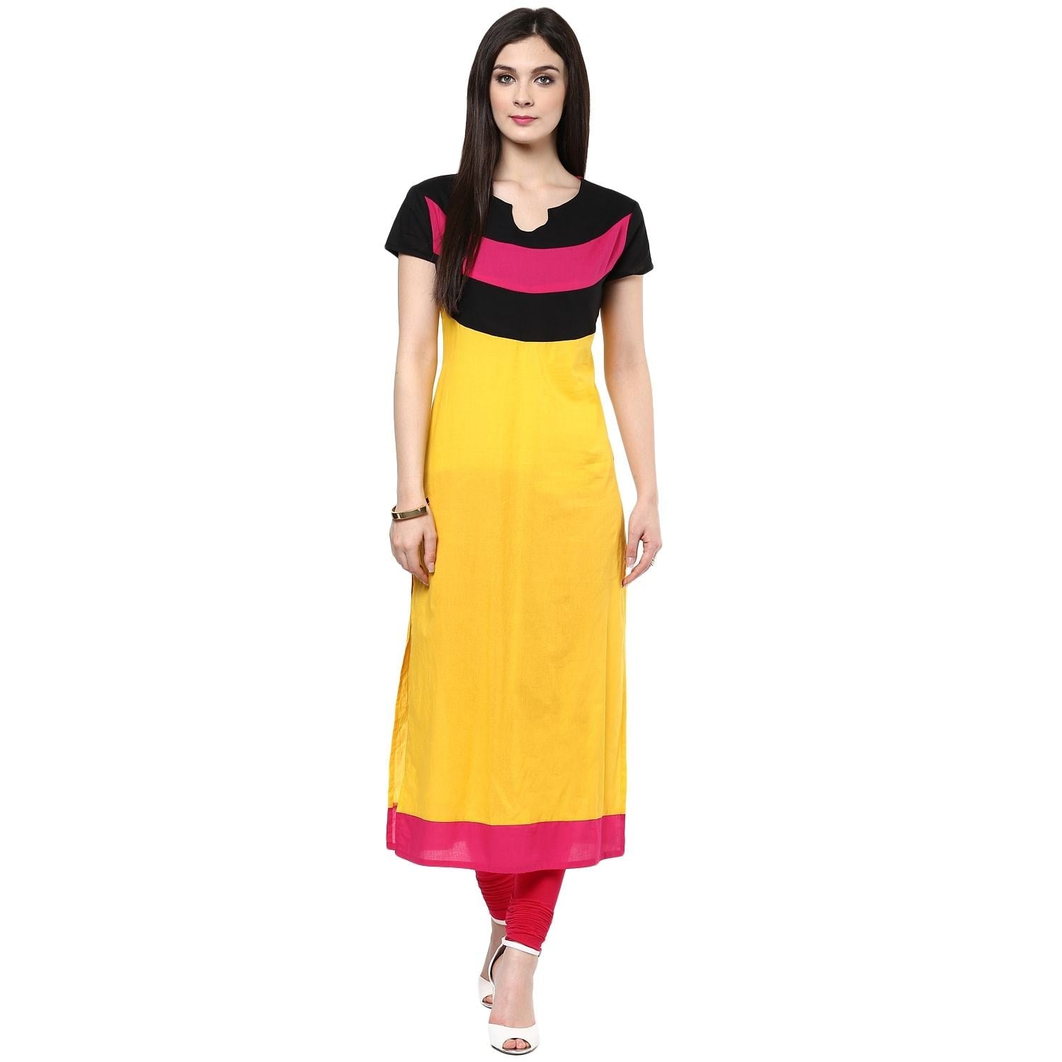 Women's Yellow Color Block Kurti - Pannkh