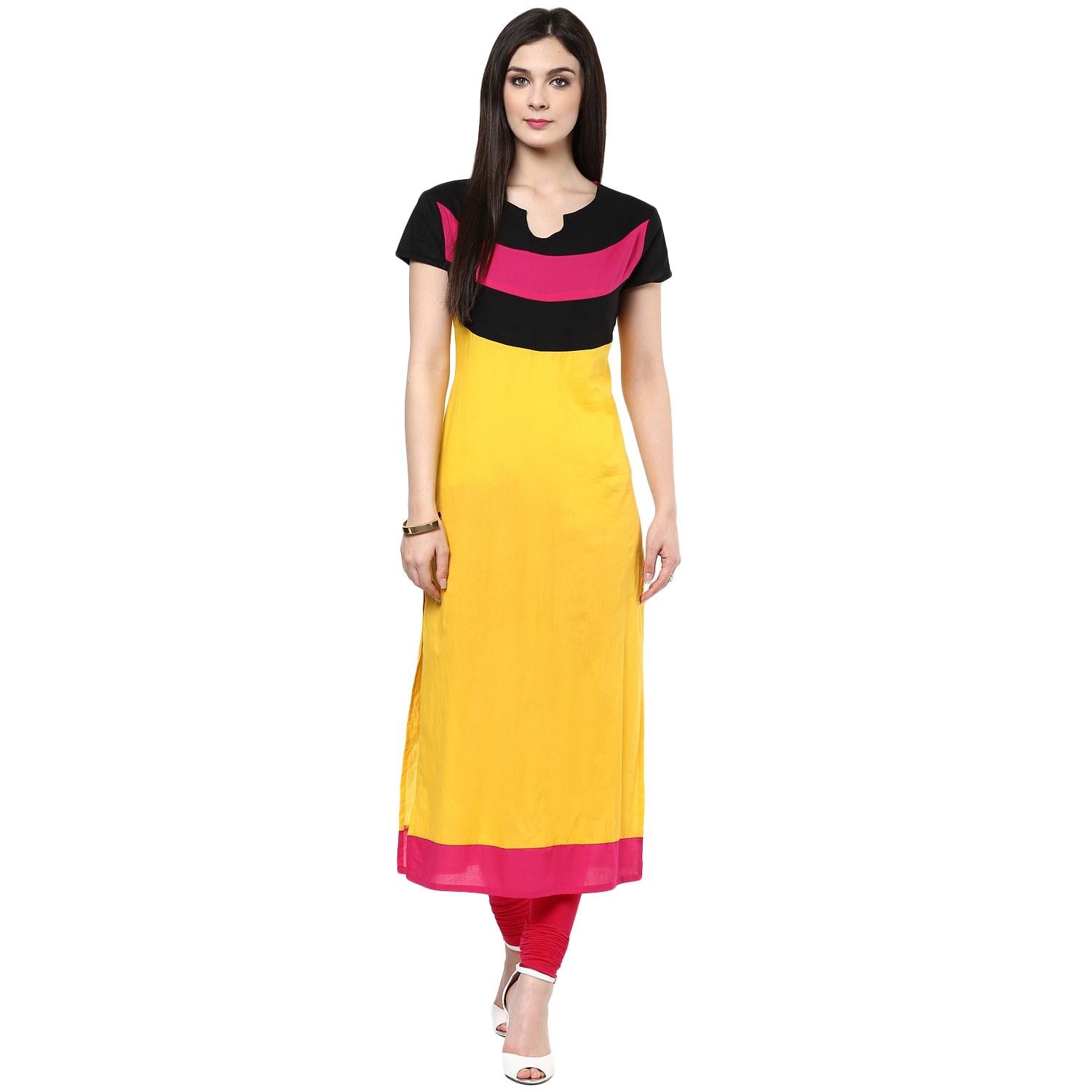 Women's Yellow Color Block Kurti - Pannkh