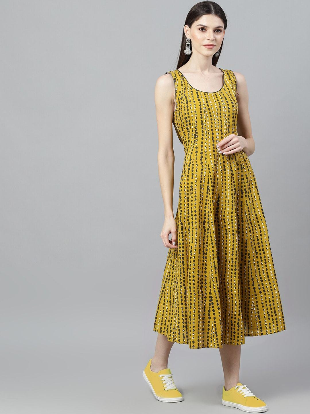 Women's  Mustard Printed A-Line Dress - AKS