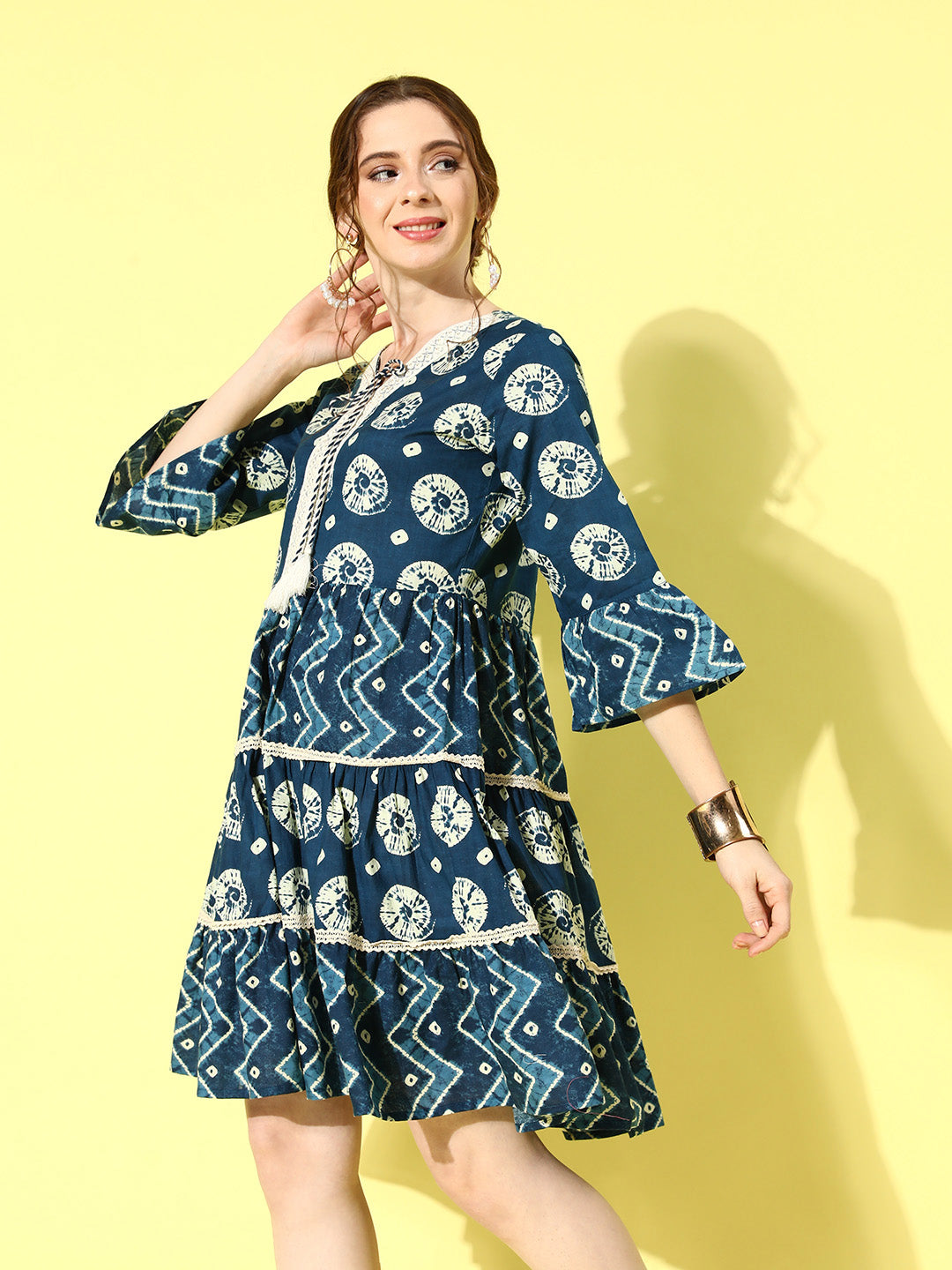 Women's Blue Ethnic Motifs A-Line Dress - Yufta