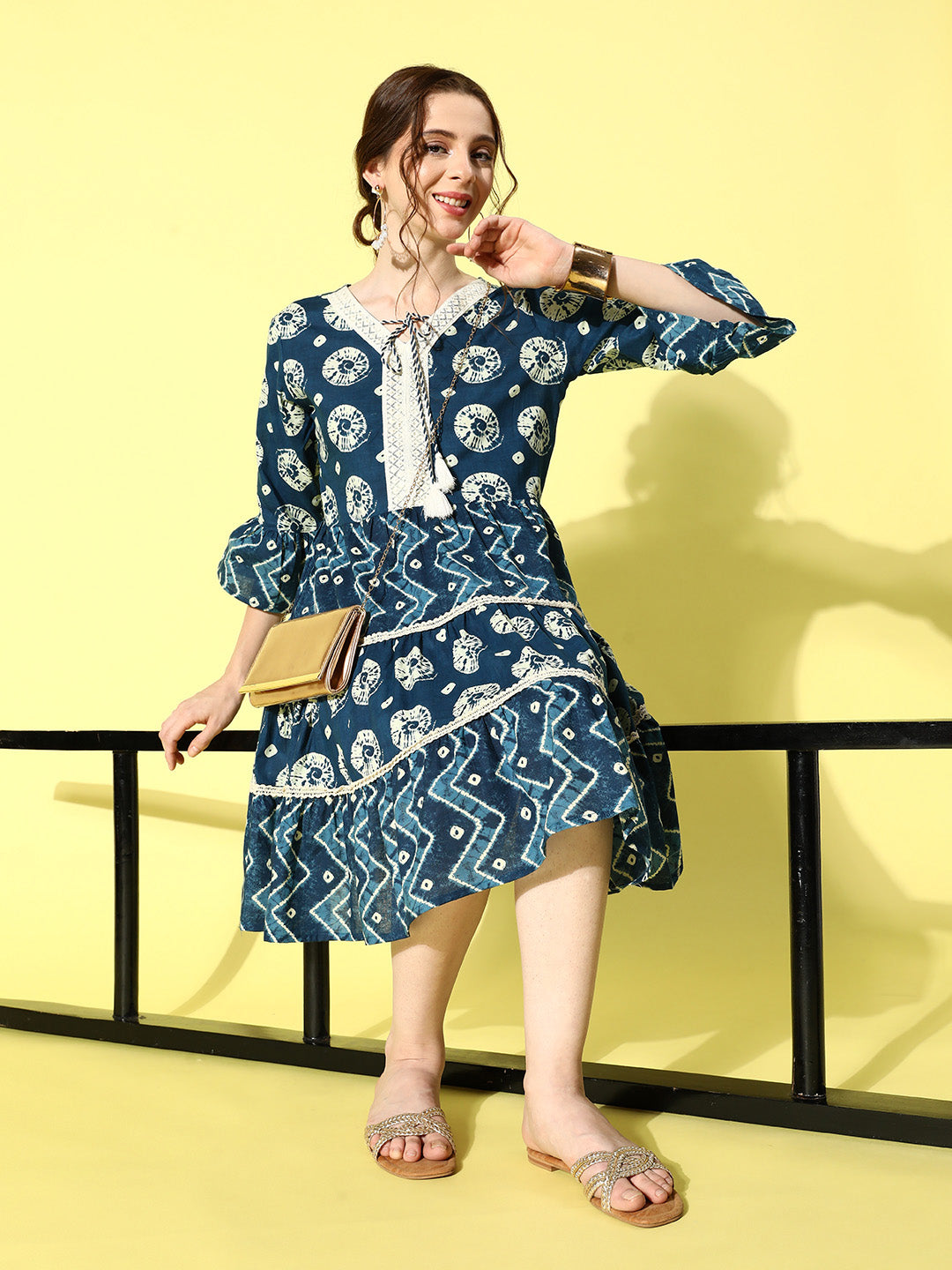 Women's Blue Ethnic Motifs A-Line Dress - Yufta