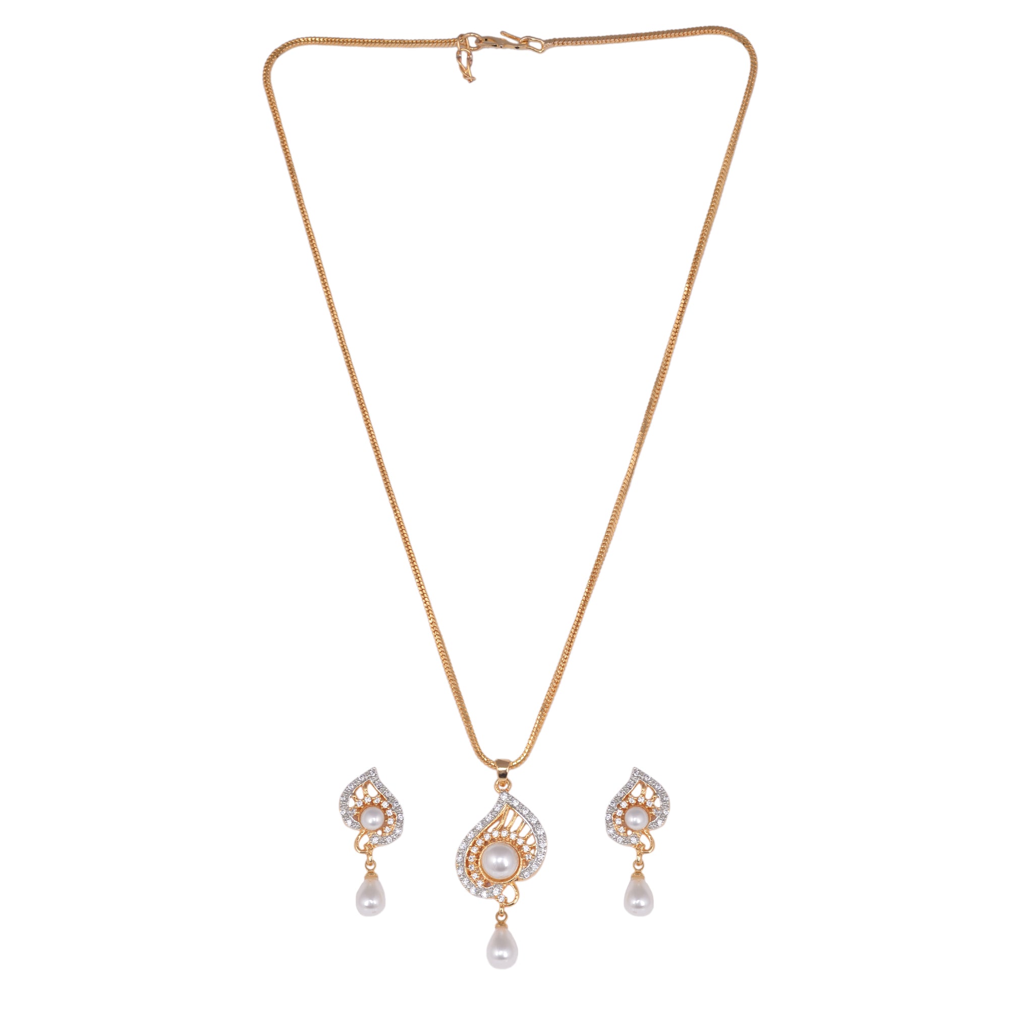Women's Gold Plated White Ad & Pearl Studded Pendant Jewellery Set - Saraf Rs Jewellery