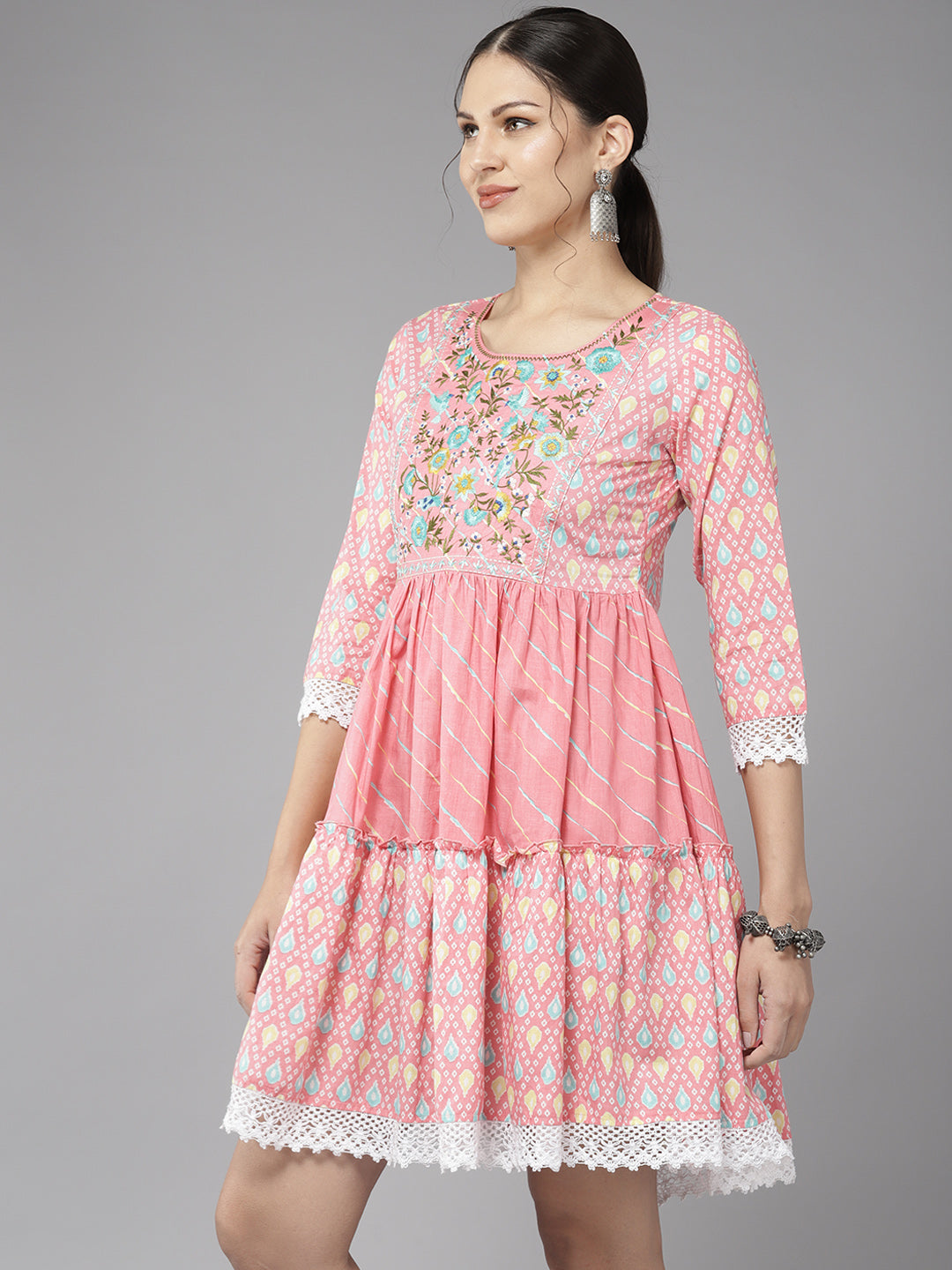 Women's Pink Embroidery A-Line Dress - Yufta