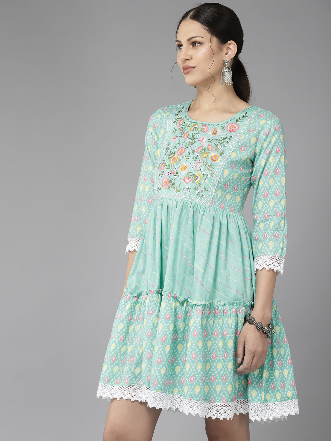 Women's Turquoise Blue Embroidery A-Line Dress - Yufta