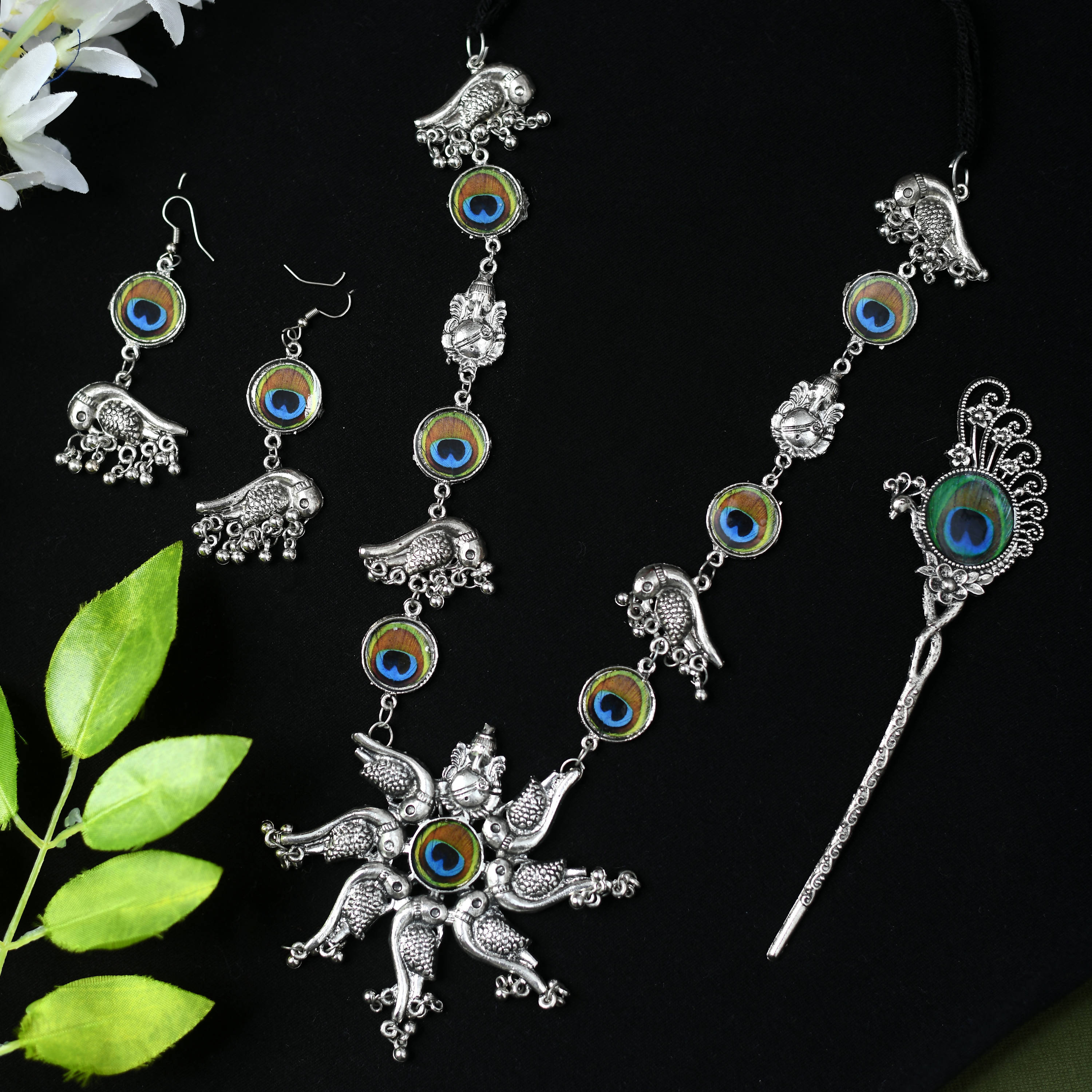 Johar Kamal Oxidised Silver-Plated Peacock design Necklace with Earrings Jkms_133