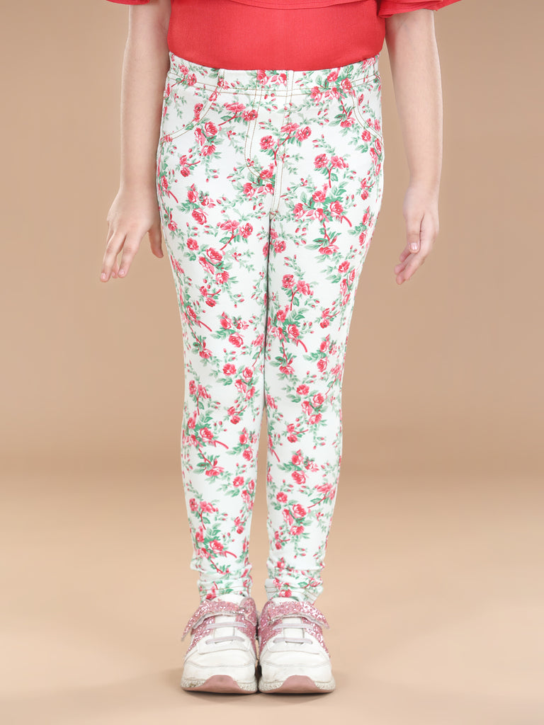 Girl's  Cotton Floral Printed Jegging And Pink Top - S