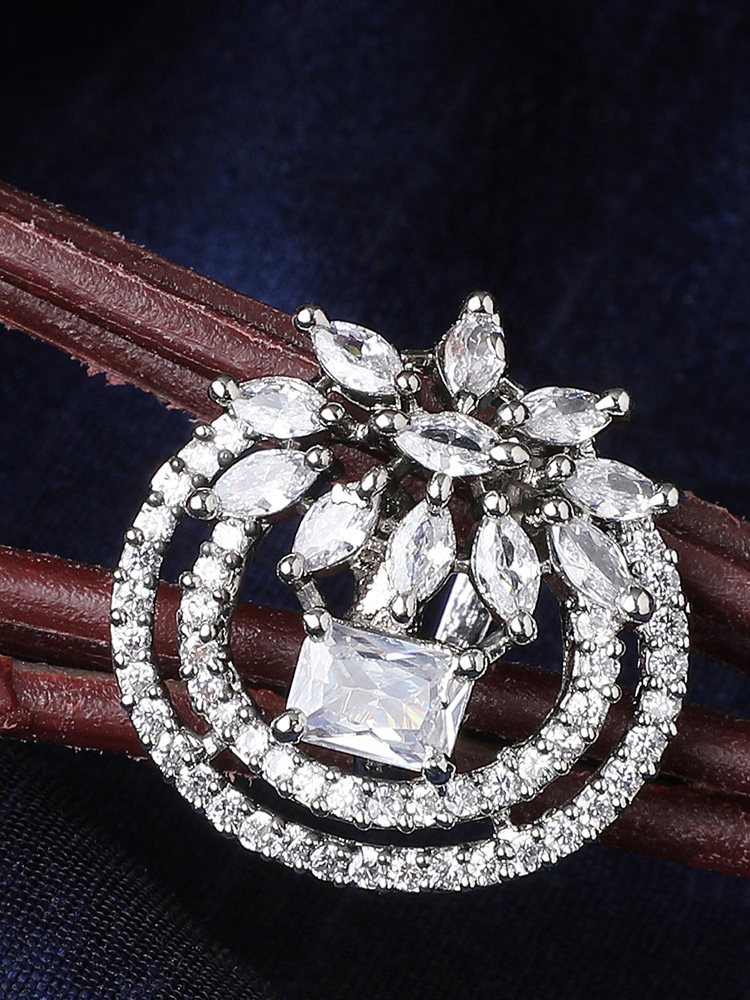 Women's Silver Plated Trendy American Diamond Circular Shaped Ring - Anikas Creation