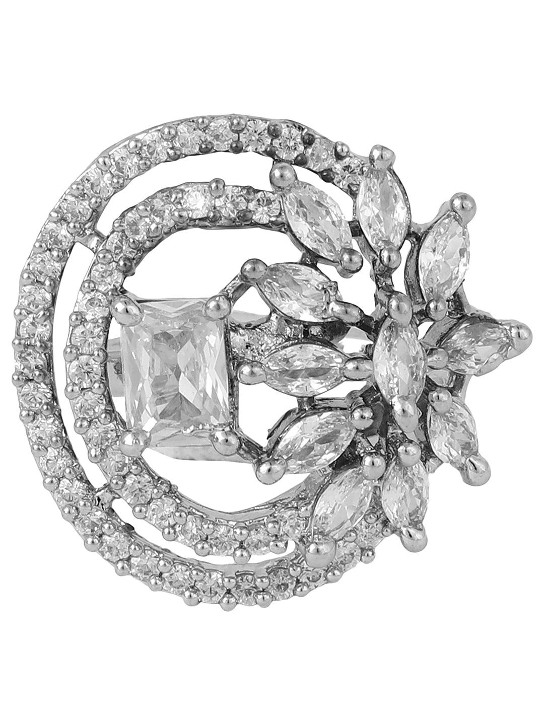 Women's Silver Plated Trendy American Diamond Circular Shaped Ring - Anikas Creation