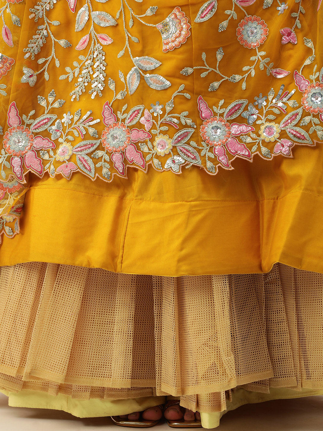 Women's Shaded Mustard Net Sequince Embroidered Lehenga & Blouse, Dupatta - Royal Dwells