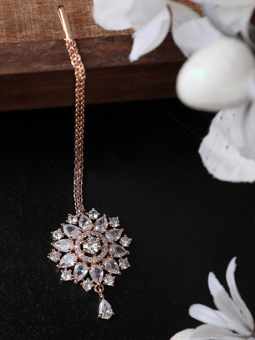 Women's Rose Gold-Plated White Cz & Ad-Studded Hand Crafted Maangtikka - Anikas Creation