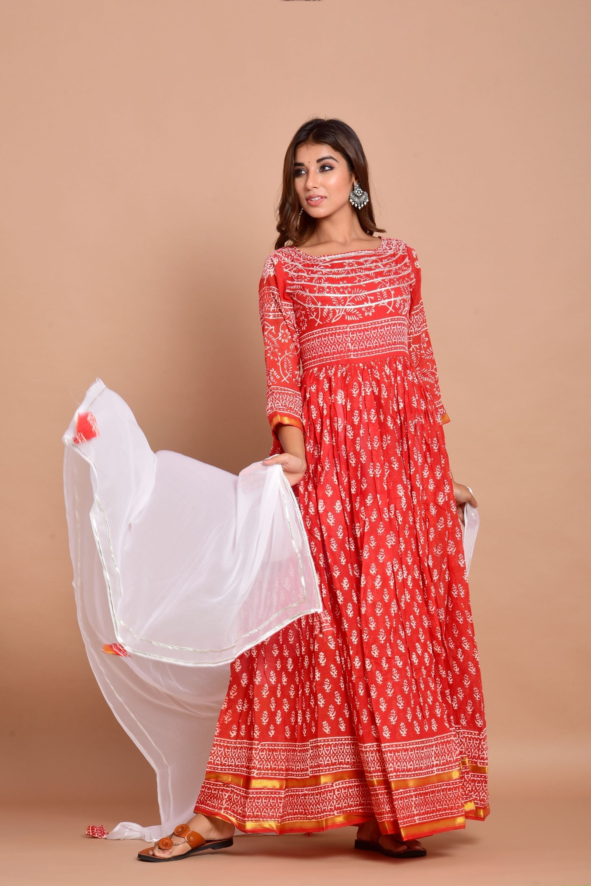 Women's Red Anarkali Dress With Dupatta - Saras The Label