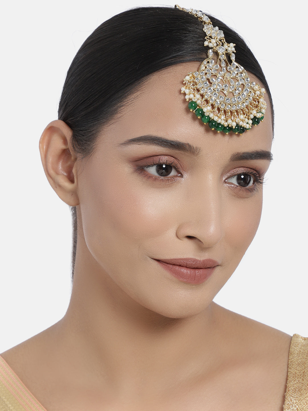 Women's Traditional Gold Plated Kundan & Pearl Studded Maang Tikka - I Jewels
