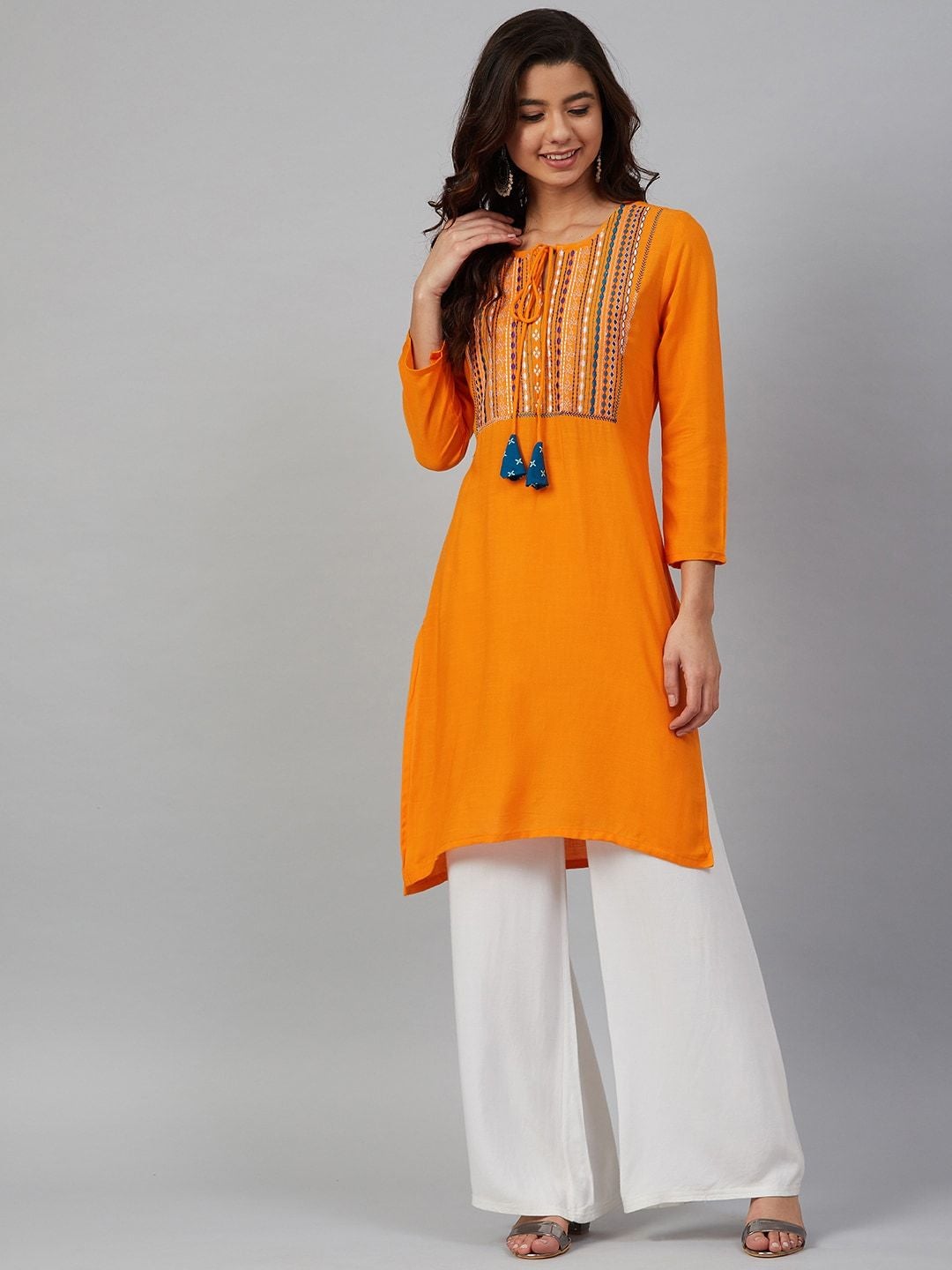 Women's Orange & Navy Blue Yoke Design Straight Kurta - Meeranshi