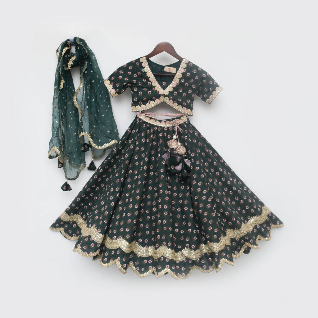Girl's Green Printed Lehenga Choli And Dupatta