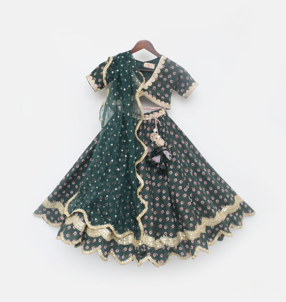 Girl's Green Printed Lehenga Choli And Dupatta