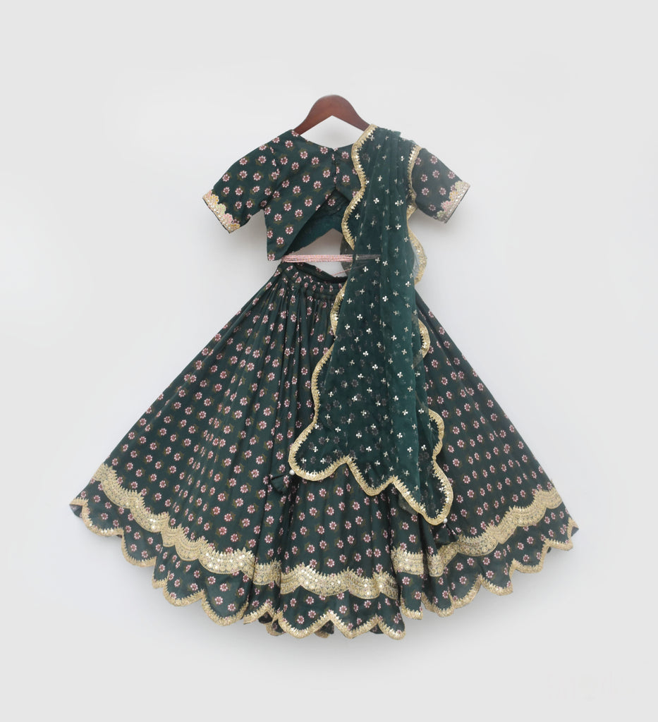 Girl's Green Printed Lehenga Choli And Dupatta