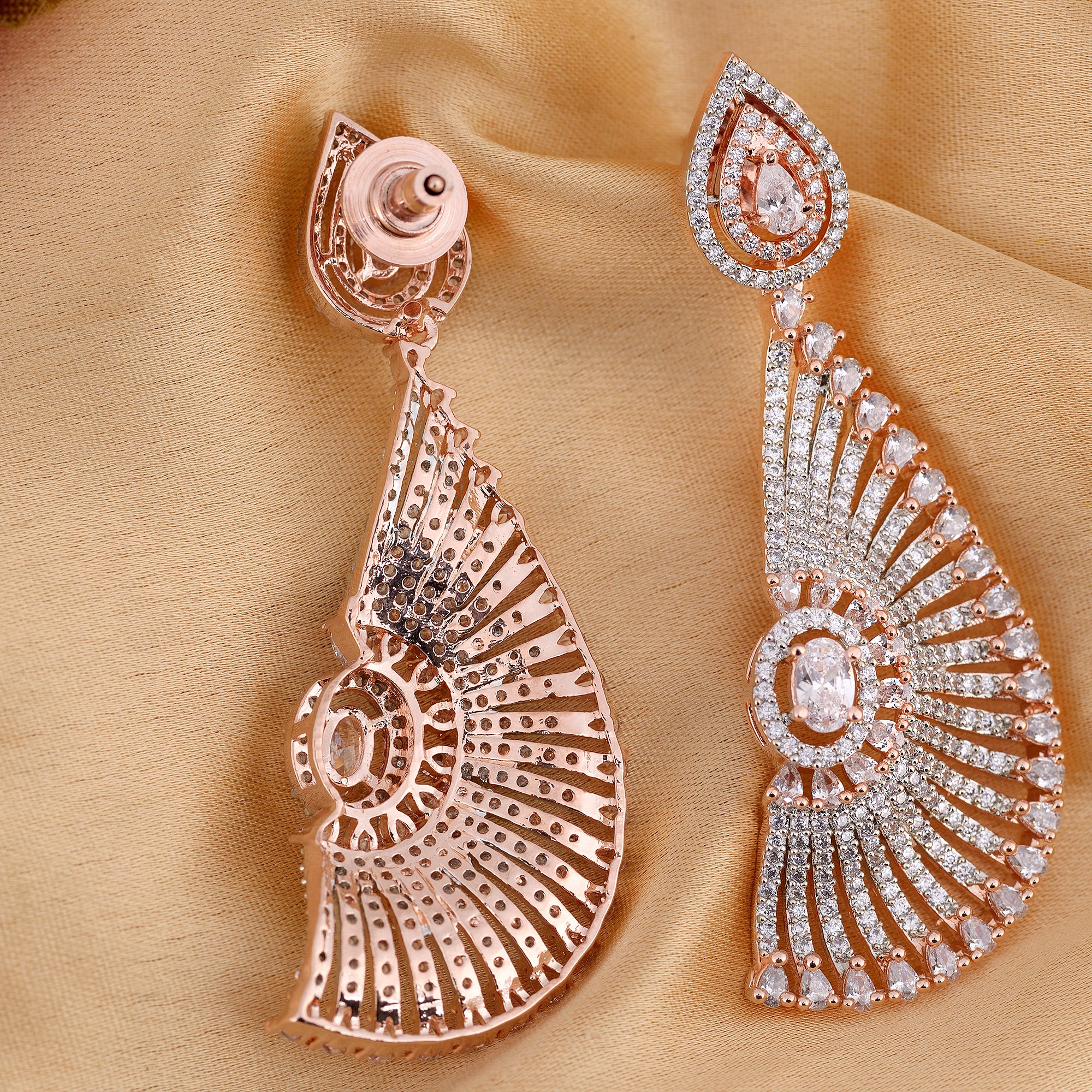 Semi-Circular Rose Gold Plated American Diamond Studded Drop Earrings for Women and Girls - Saraf RS Jewellery