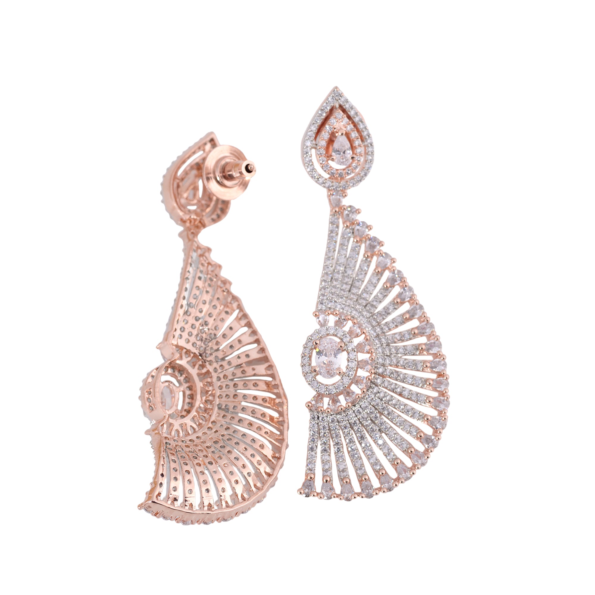 Semi-Circular Rose Gold Plated American Diamond Studded Drop Earrings for Women and Girls - Saraf RS Jewellery