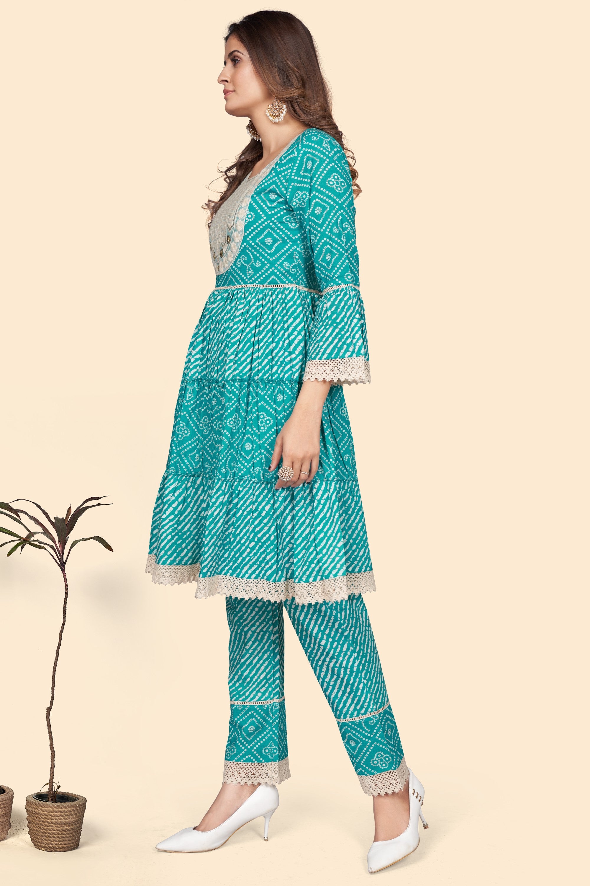 Women's Bandhani Print & Embroidered Flared Cotton Sky Blue Stitched Top With Pant - Vbuyz