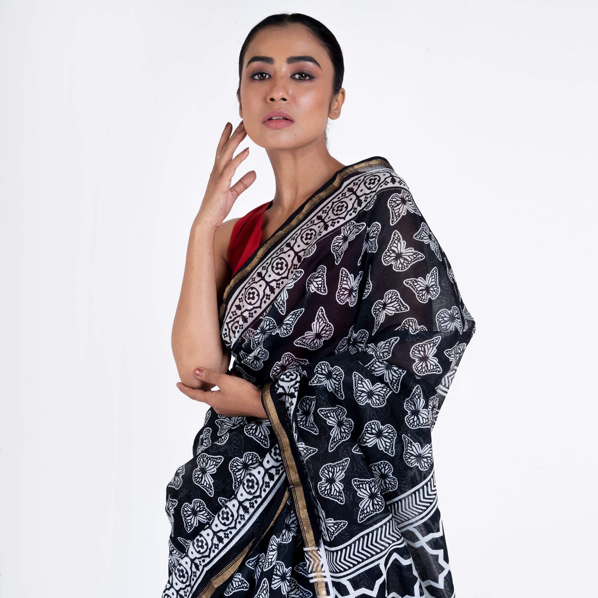 Women's Black Cotton Silk Chanderi Saree With Butterfly Print - Boveee