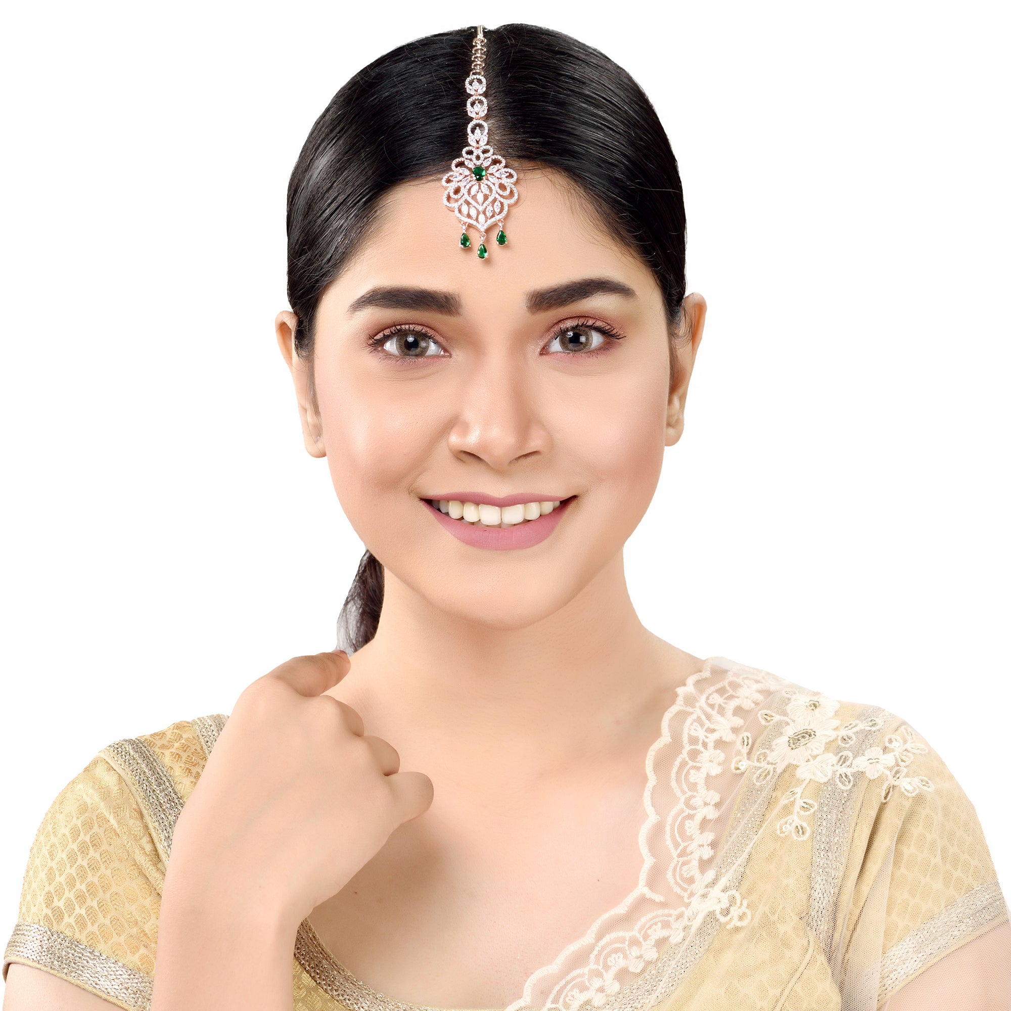Women's Rose Gold plated Green AD studded Floral design Handcrafted Maang Tika - Saraf RS Jewellery