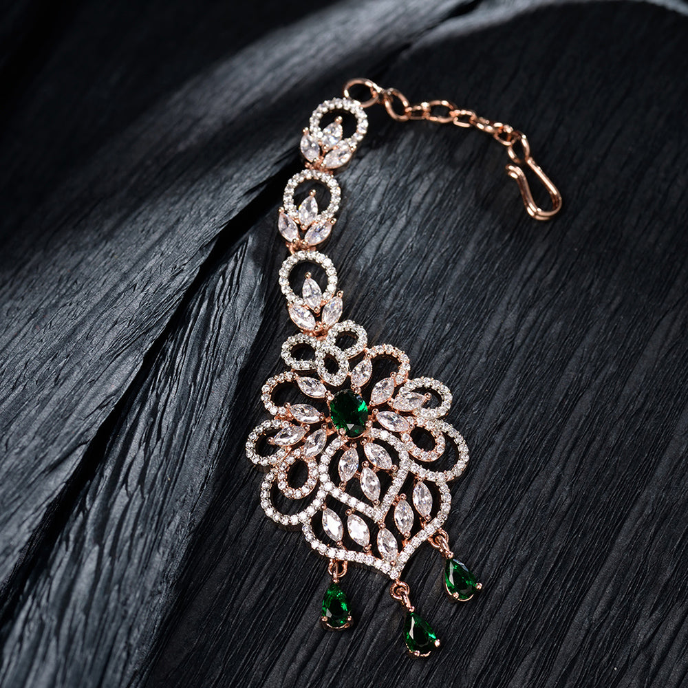 Women's Rose Gold plated Green AD studded Floral design Handcrafted Maang Tika - Saraf RS Jewellery