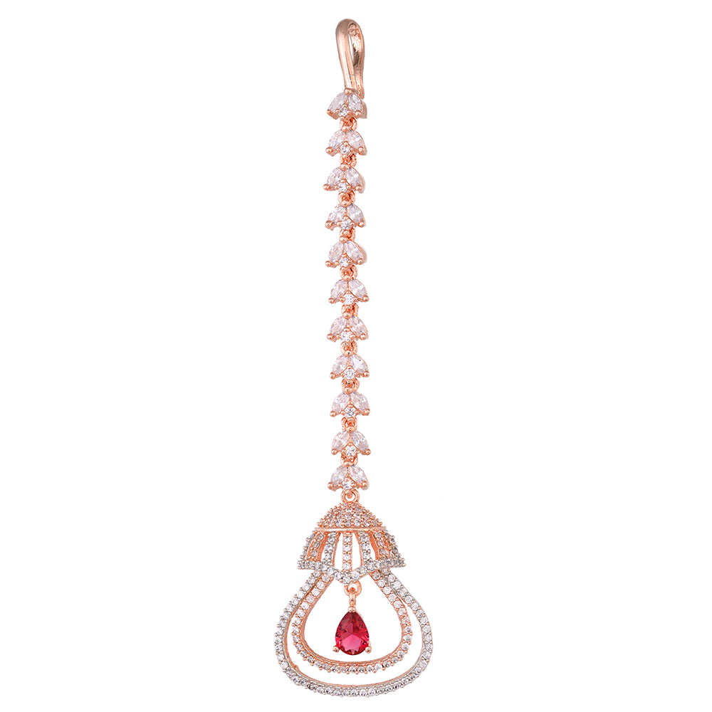 Women's Rose Gold plated Ruby AD studded Bell shaped Handcrafted Maang Tika - Saraf RS Jewellery