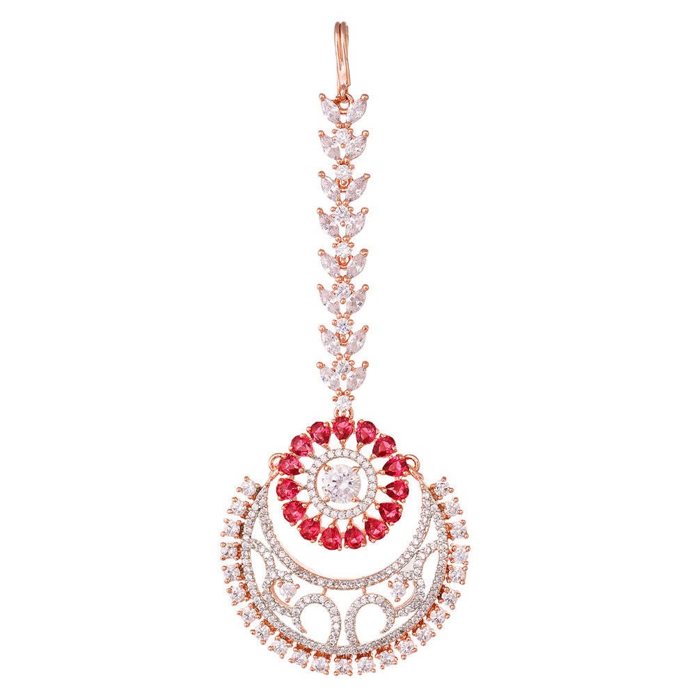 Women's Rose Gold plated Ruby AD studded Half Moon shaped Handcrafted Maang Tika - Saraf RS Jewellery