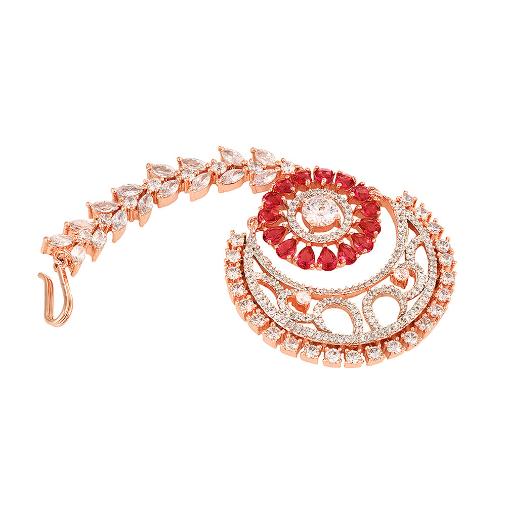 Women's Rose Gold plated Ruby AD studded Half Moon shaped Handcrafted Maang Tika - Saraf RS Jewellery