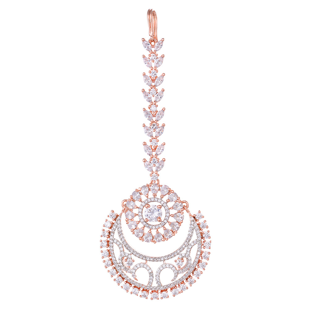 Women's Rose Gold plated AD studded Half Moon shaped Handcrafted Maang Tika - Saraf RS Jewellery