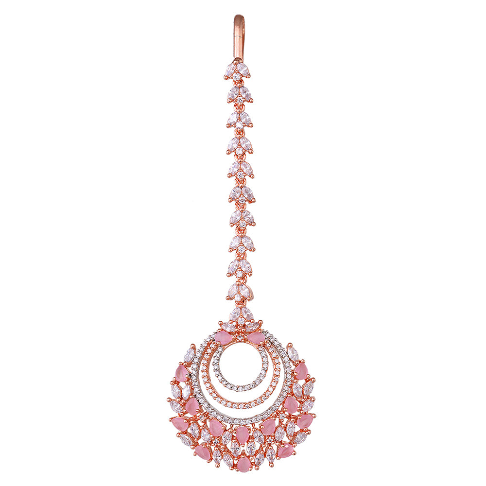 Women's Rose Gold plated Pink AD studded Circular design Handcrafted Maang Tika - Saraf RS Jewellery
