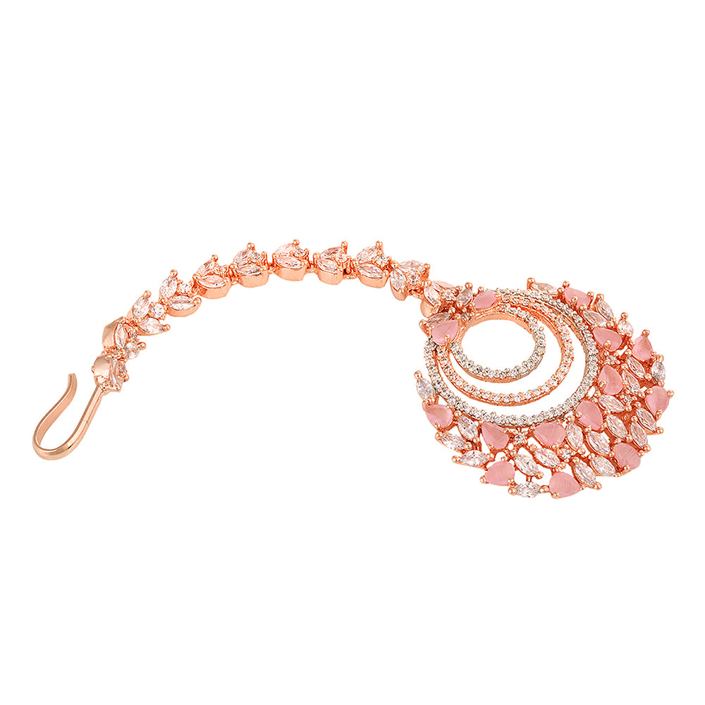 Women's Rose Gold plated Pink AD studded Circular design Handcrafted Maang Tika - Saraf RS Jewellery