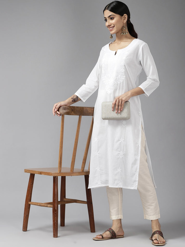 Women's White Floral Chikankari Kurta