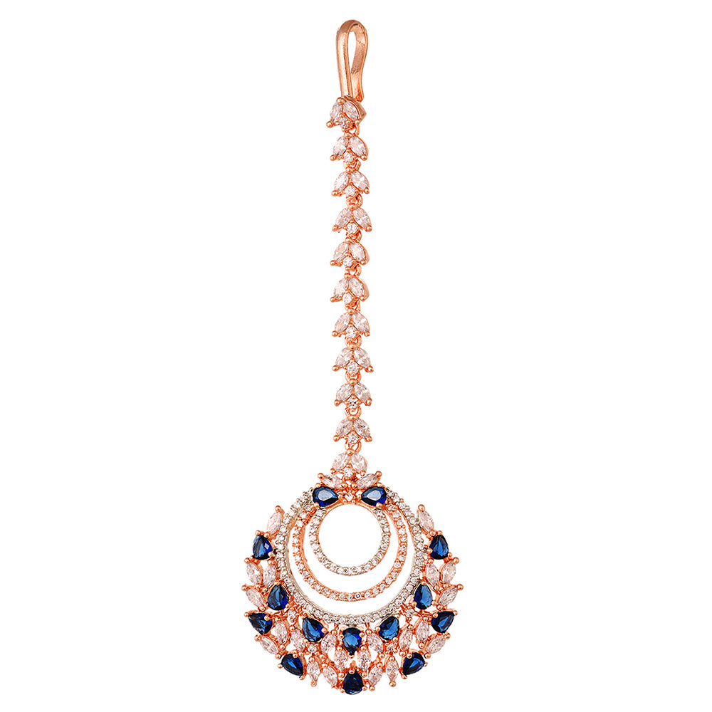 Women's Rose Gold plated Blue AD studded Circular design Handcrafted Maang Tika - Saraf RS Jewellery