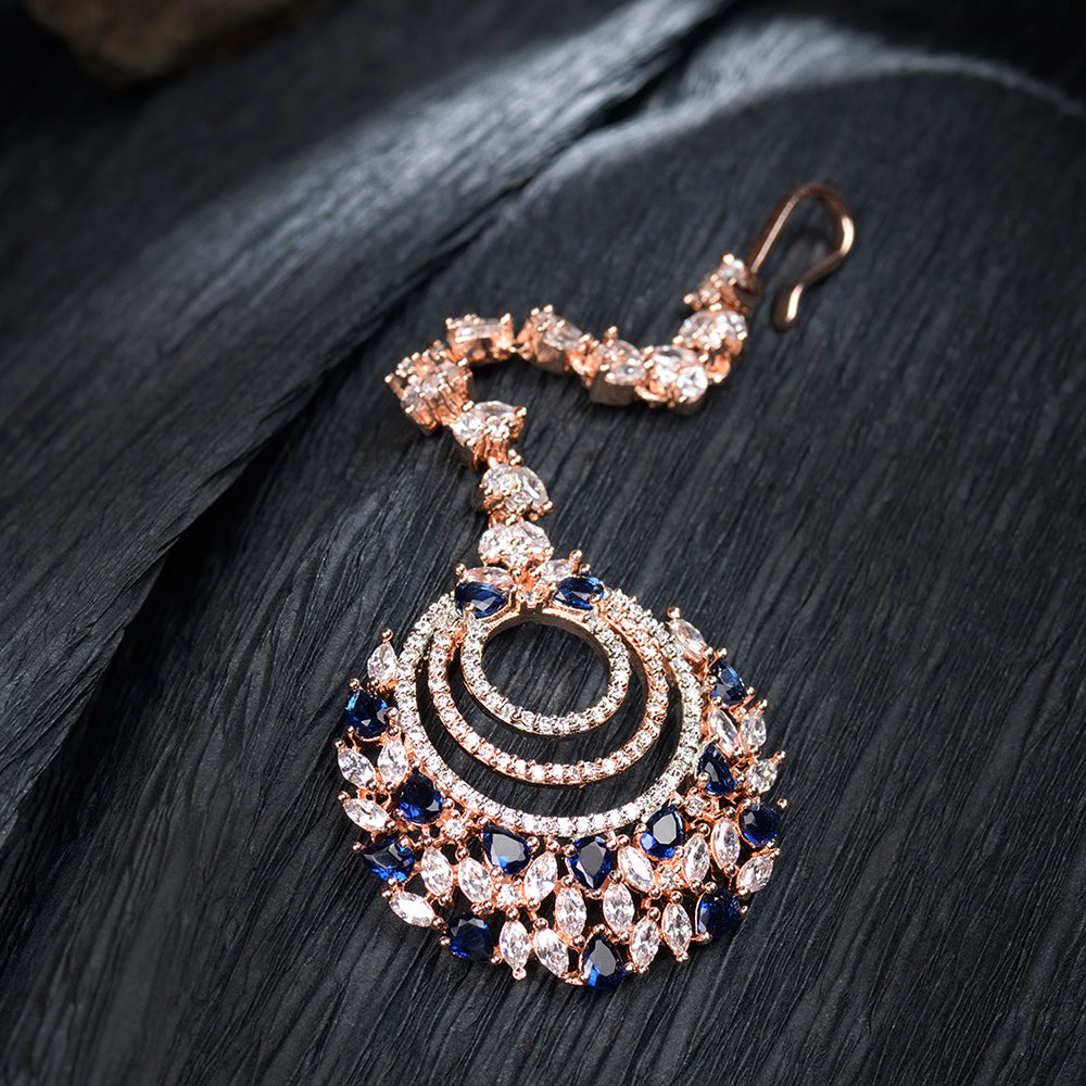 Women's Rose Gold plated Blue AD studded Circular design Handcrafted Maang Tika - Saraf RS Jewellery