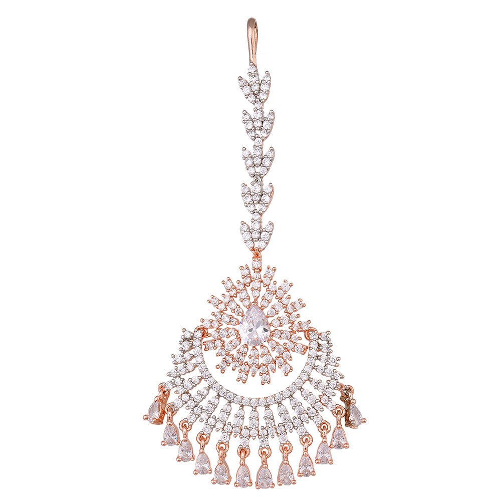 Women's Rose Gold plated  AD studded Chandballi design Handcrafted Maang Tika - Saraf RS Jewellery