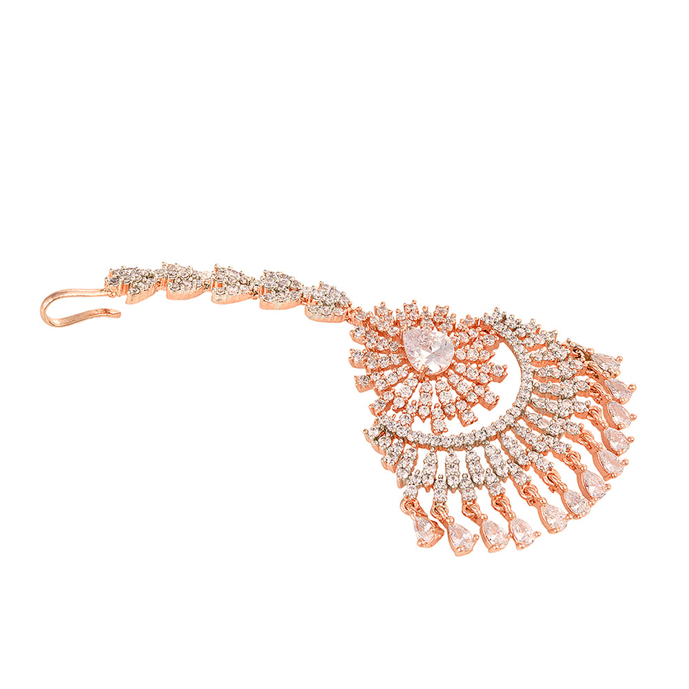 Women's Rose Gold plated  AD studded Chandballi design Handcrafted Maang Tika - Saraf RS Jewellery