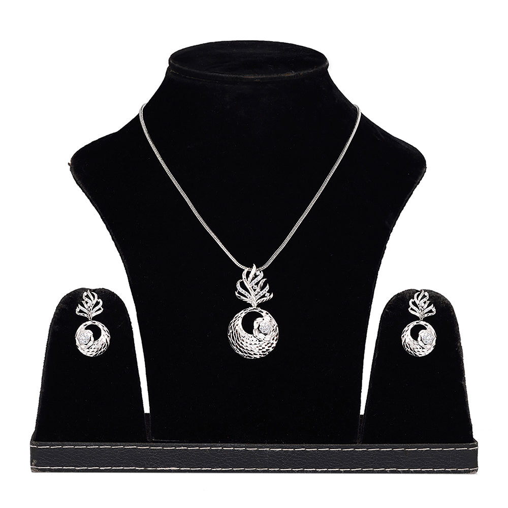 Women's Silver Toned White Ad Embellished Designer Pendant Jewellery Set - Saraf Rs Jewellery