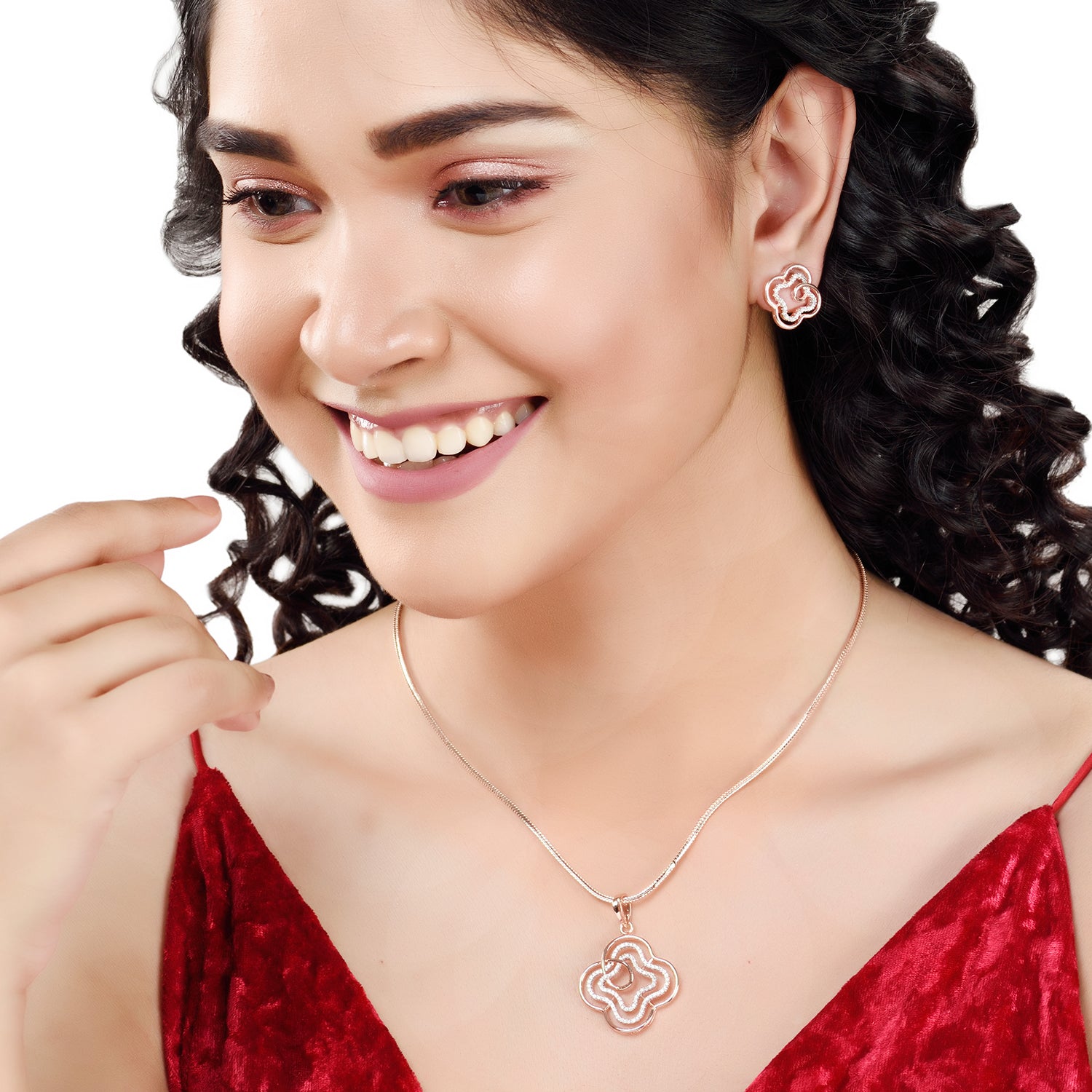 Women's Rose Gold Toned White Ad Designer Locket Jewellery Set - Saraf Rs Jewellery