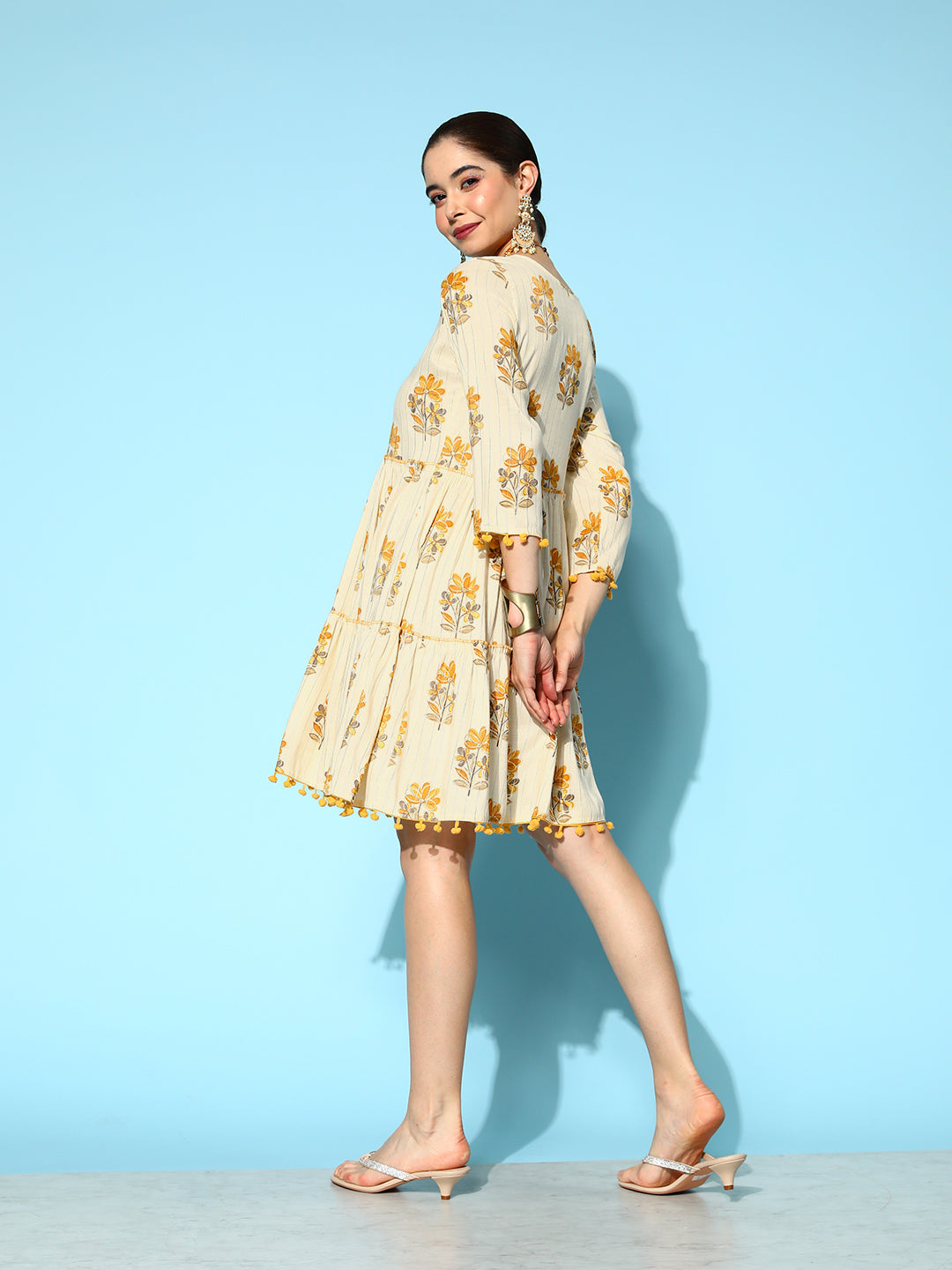 Women's Mustard Floral Fit And Flare Dress - Yufta
