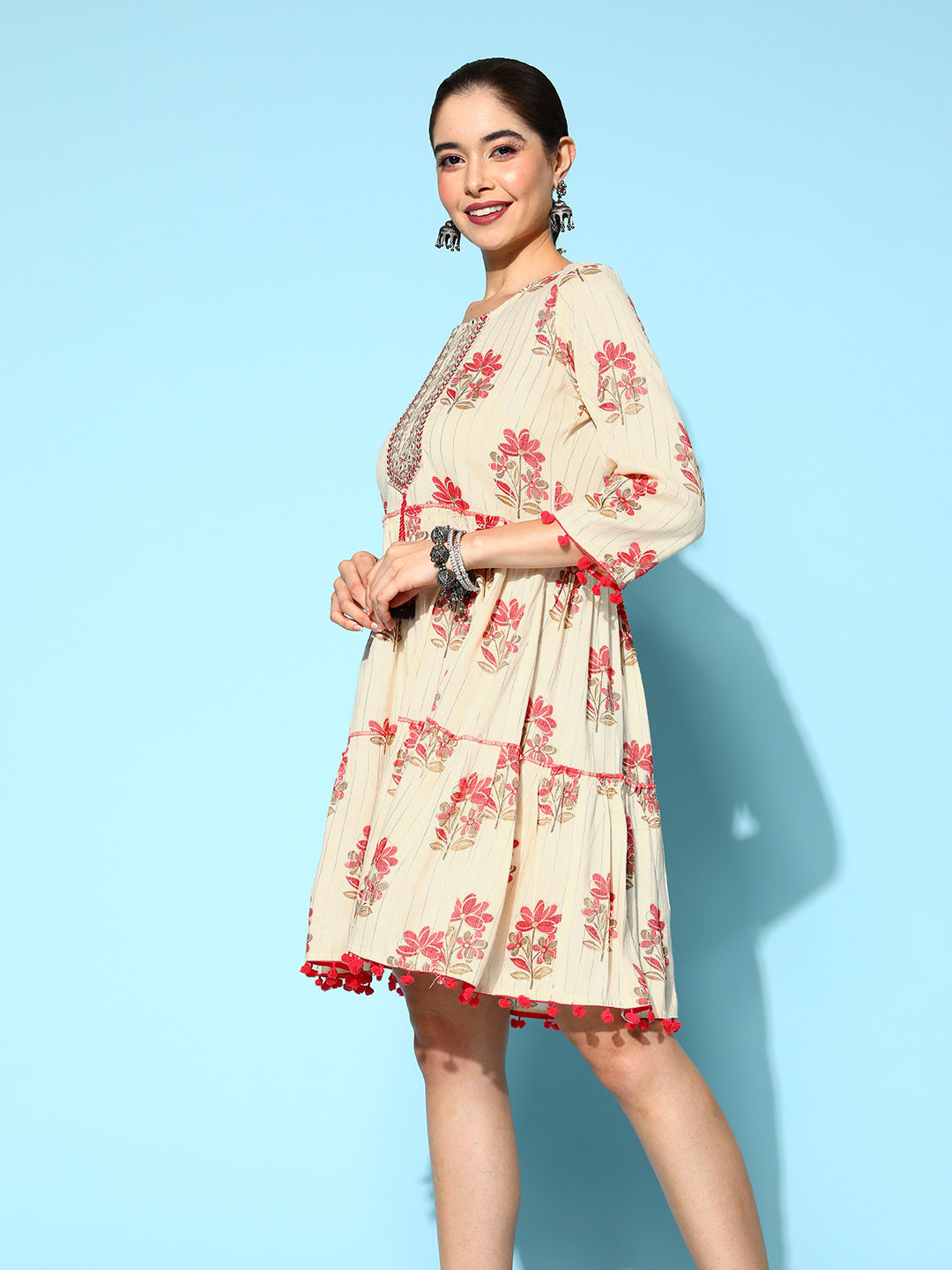 Women's Pink Floral Fit And Flare Dress - Yufta