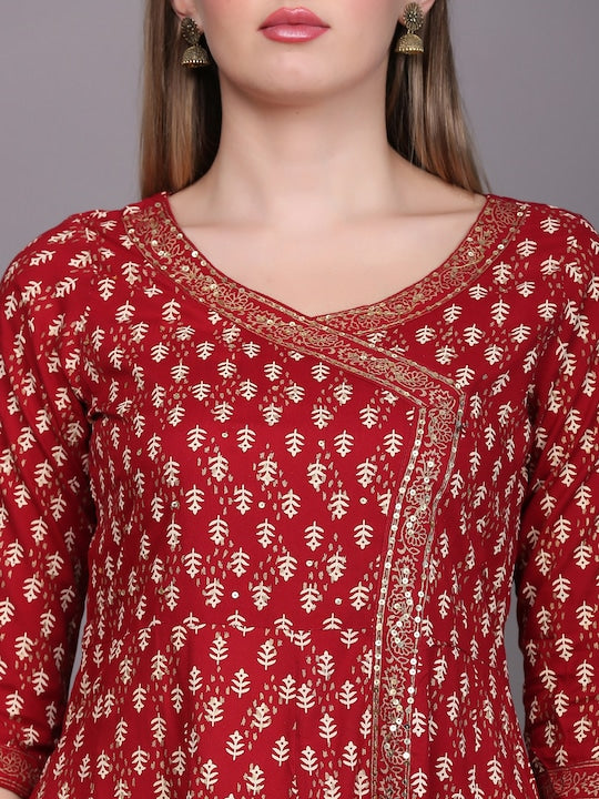 Women's Ethnic Motifs Printed Angrakha Sequinned Kurta With Palazzos & With Dupatta