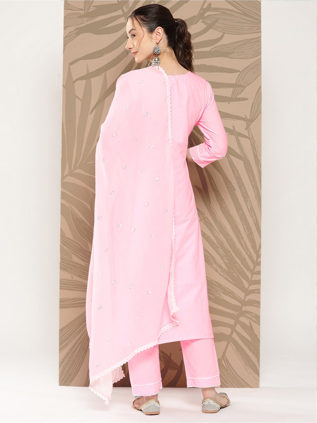 Women's Pink Solid Straight Kurta Trouser And Dupatta Set - Yufta
