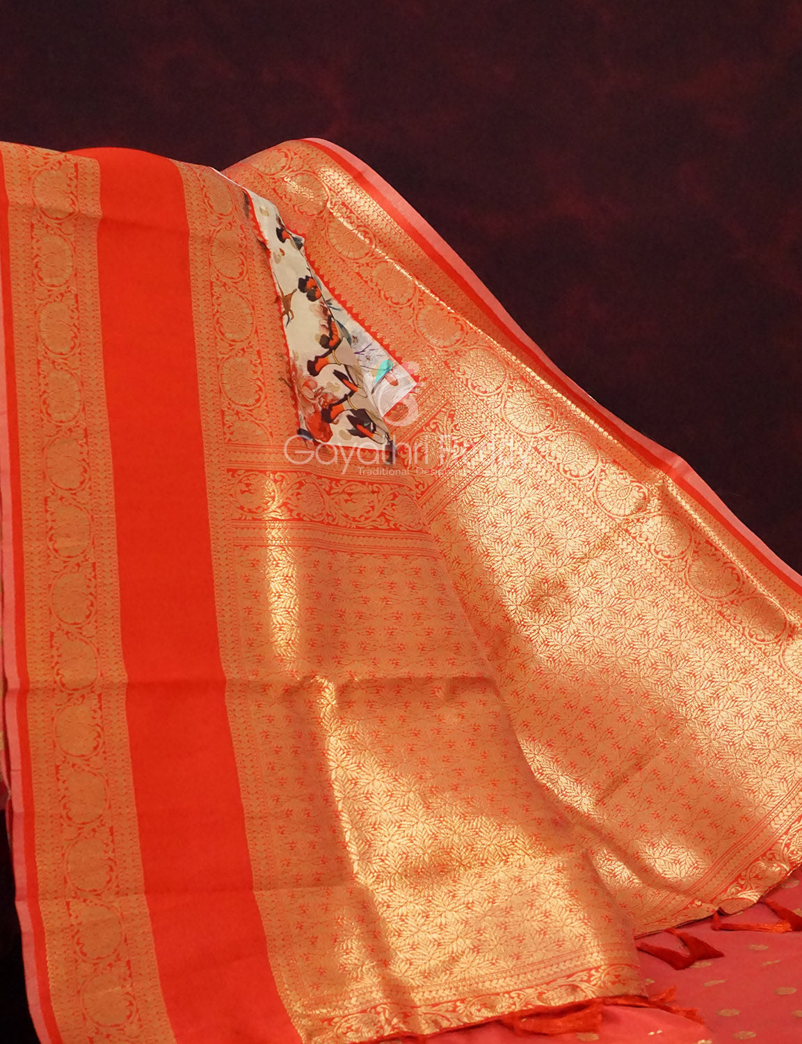 Women's White Orange Banaras Semi Silk Saree - Gayathri Sarees