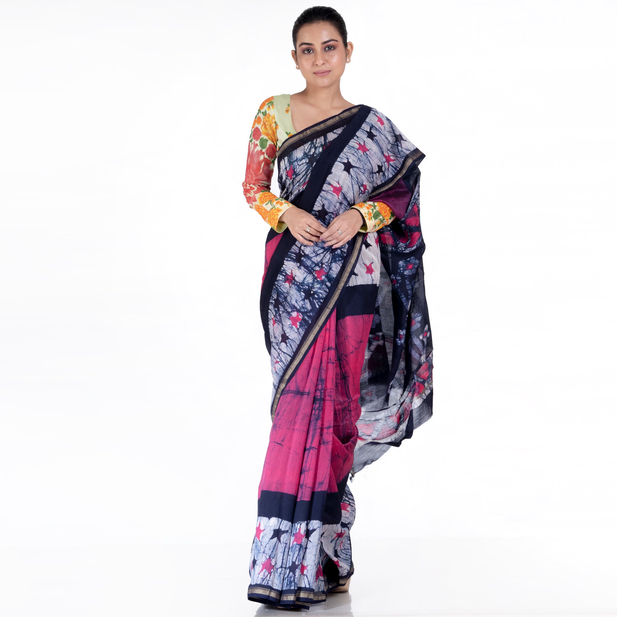 Women's Pink Cotton Silk Chanderi Saree With Batick Print - Boveee