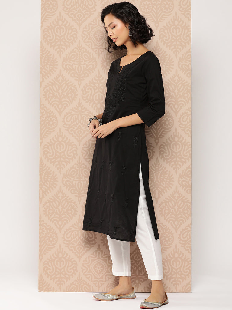 Women's Black Floral Straight Kurta