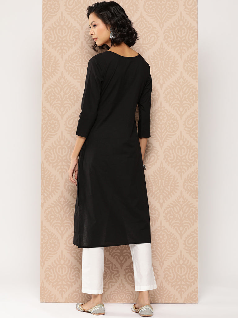 Women's Black Floral Straight Kurta