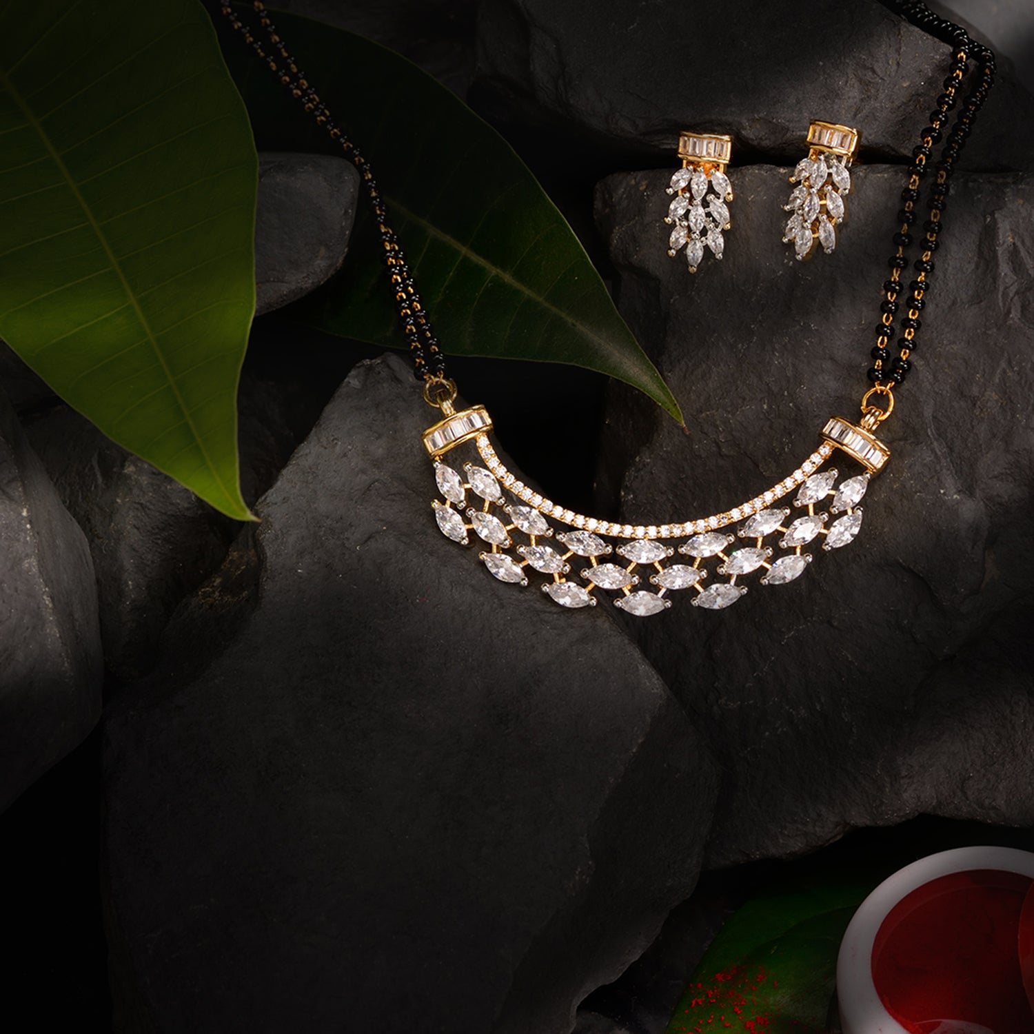 Women's Gold Plated With Black Beads Ad Studded Contemporary Mangalsutra Pendant And Earrings Set - Saraf Rs Jewellery